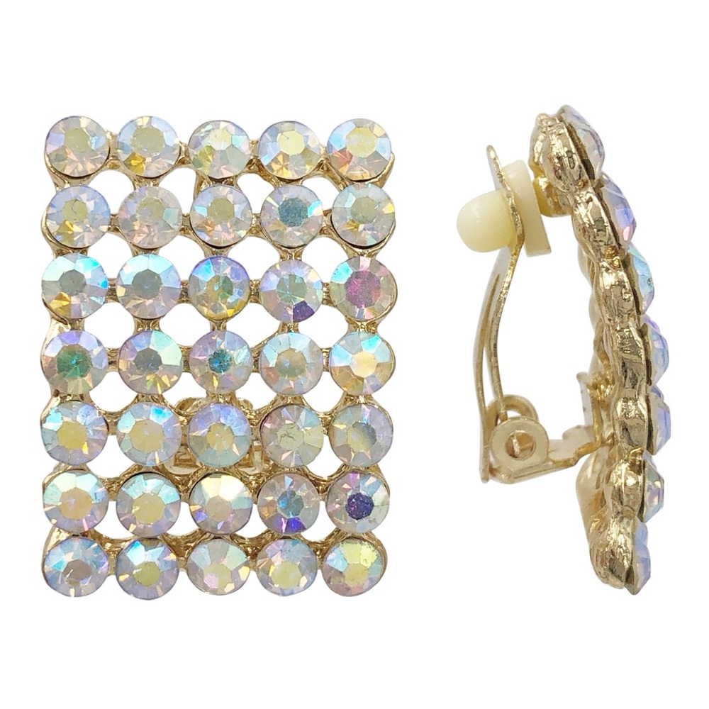 AB Iridescent Rhinestone Bar Formal Silver Tone Clip On Earrings